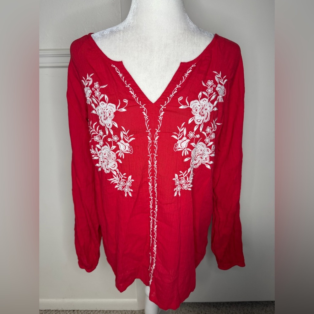 Talbots CRINKLE GAUZE EMBROIDERED POPOVER Red size M - Picture 3 of 11